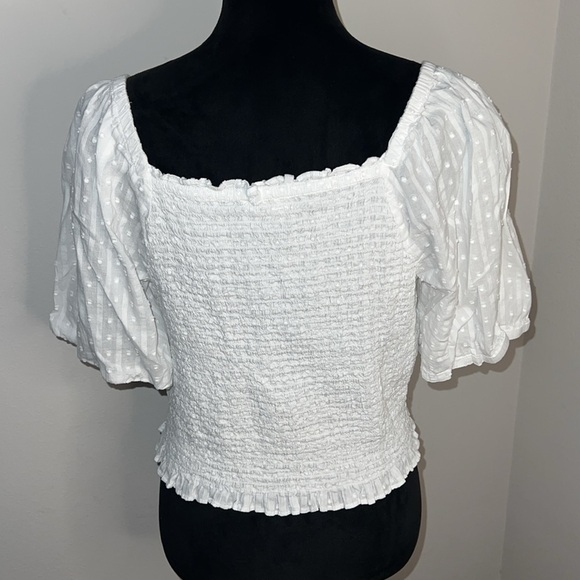 LOFT clipped smocked white square neck cotton top blouse Sz L - Picture 6 of 9